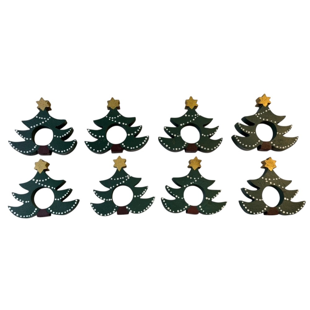 Set of 8 Wooden Vintage Christmas Tree Napkin Rings Green White Gold‎